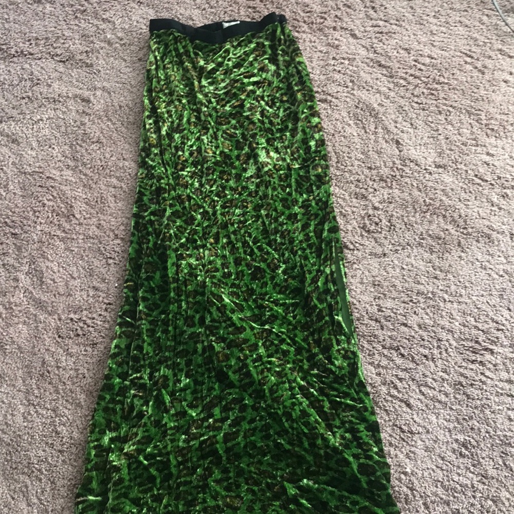 Lime green leopard velour maxi skirt with slit